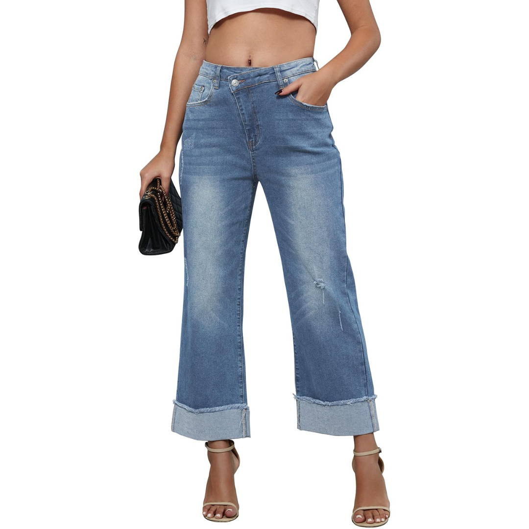 Genleck Women's Wide Leg High Waisted Jeans Crossover Baggy Jeans