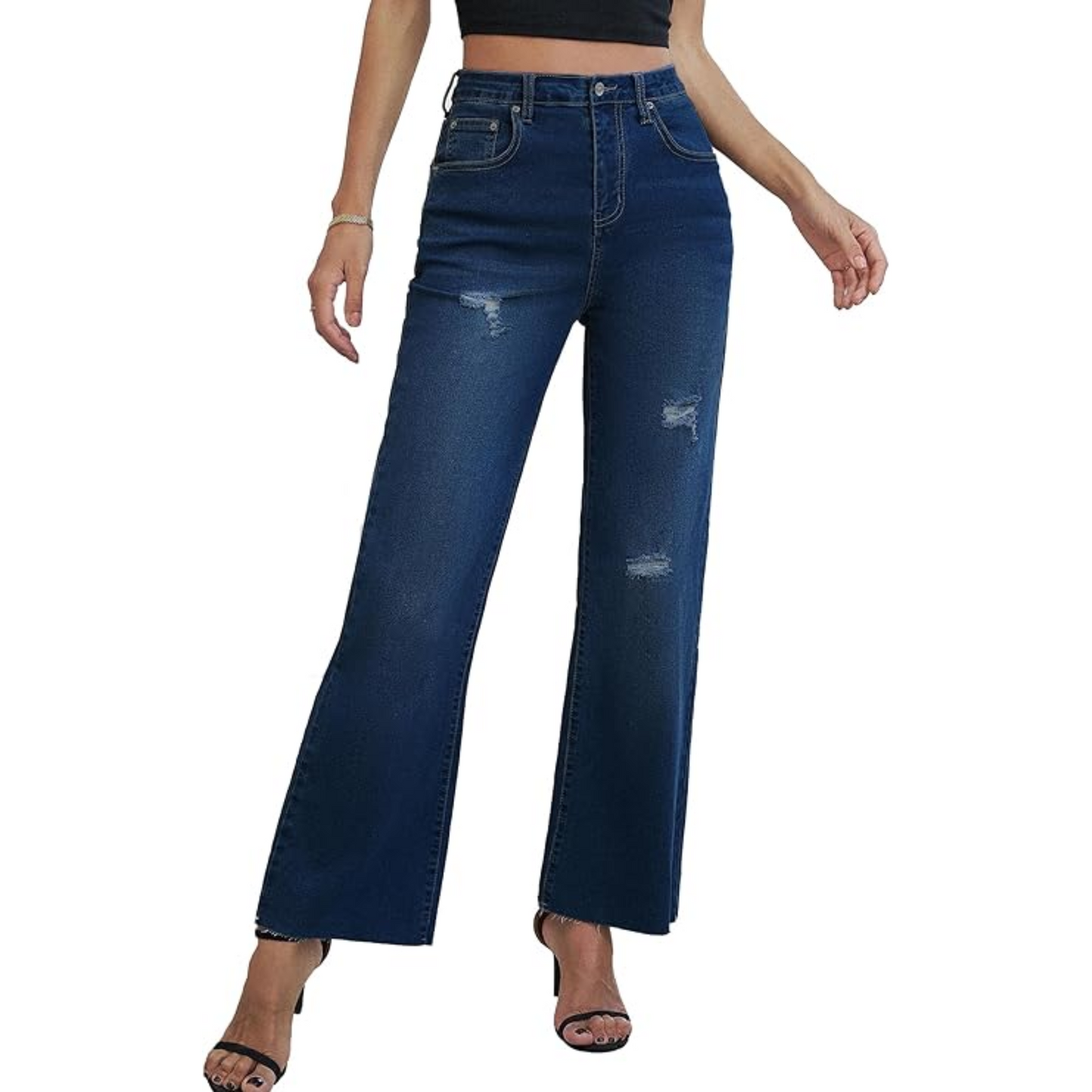Genleck Women's Wide Leg Jeans - Casual High Waisted Stretchy Jeans Straight Leg Denim Pants with Pockets