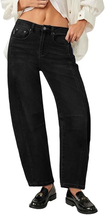 Genleck Barrel Jeans Women Wide Leg Cropped Jeans High Waisted Baggy Boyfriend Mom Denim Ankle Pants with Pockets