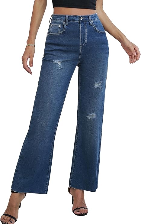 Genleck Women's Wide Leg Jeans - Casual High Waisted Stretchy Jeans Straight Leg Denim Pants with Pockets