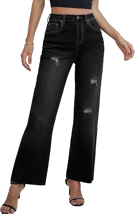 Genleck Women's Wide Leg Jeans - Casual High Waisted Stretchy Jeans Straight Leg Denim Pants with Pockets