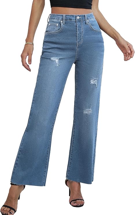 Genleck Women's Wide Leg Jeans - Casual High Waisted Stretchy Jeans Straight Leg Denim Pants with Pockets