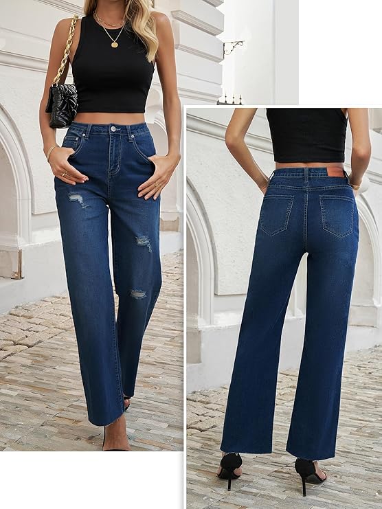 Genleck Women's Wide Leg Jeans - Casual High Waisted Stretchy Jeans Straight Leg Denim Pants with Pockets