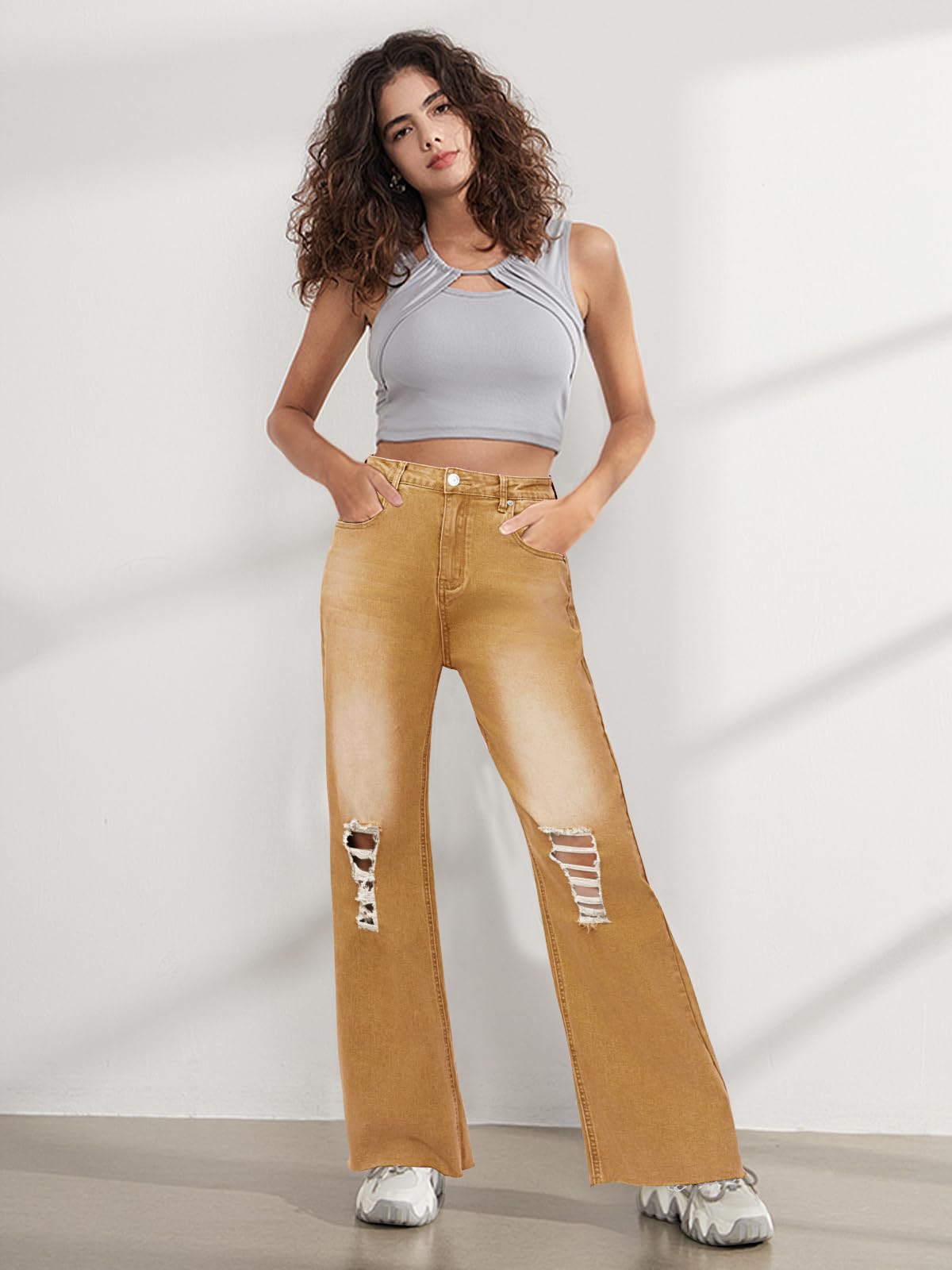 Genleck Women Ripped Boyfriends Y2K Distressed Wide Leg Jeans