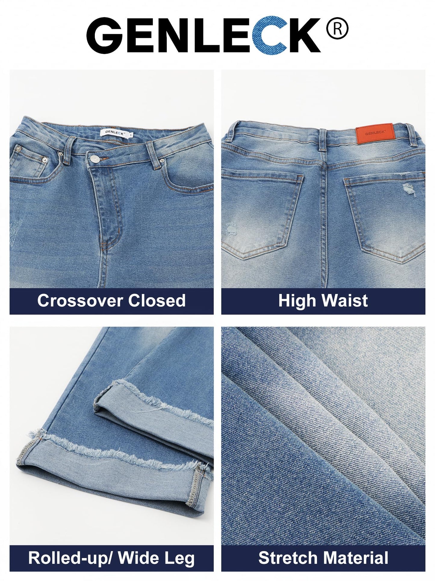 Genleck Women's Wide Leg High Waisted Jeans Crossover Baggy Jeans