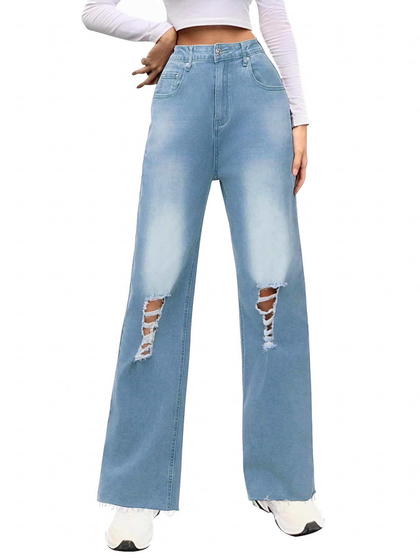 Genleck Women Ripped Boyfriends Y2K Distressed Wide Leg Jeans