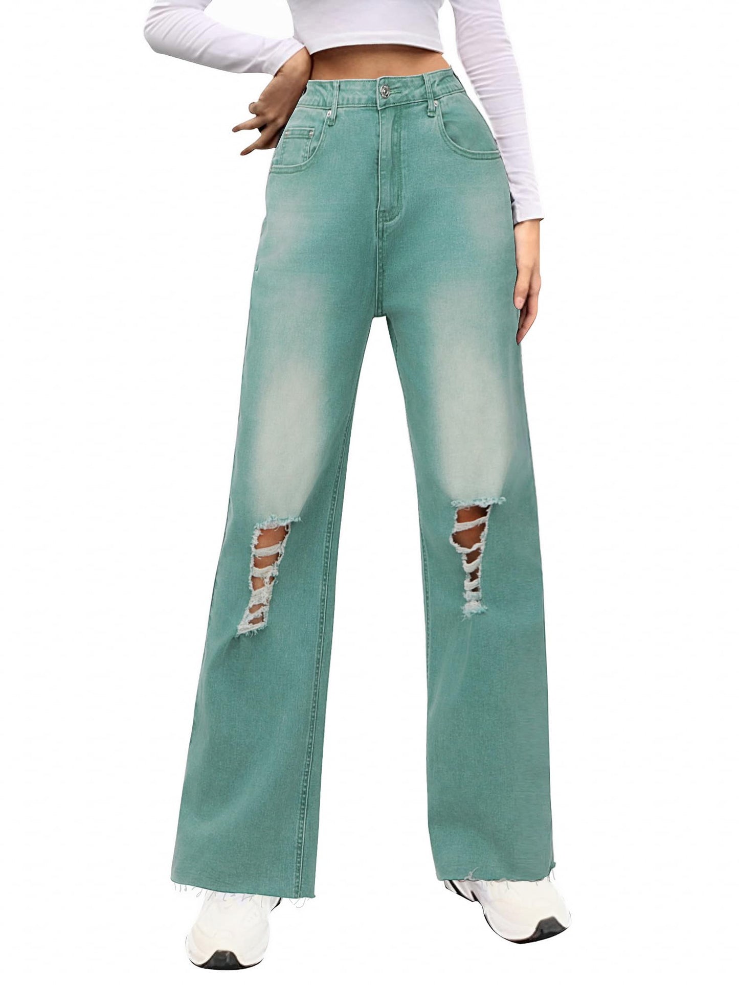 Genleck Women Ripped Boyfriends Y2K Distressed Wide Leg Jeans