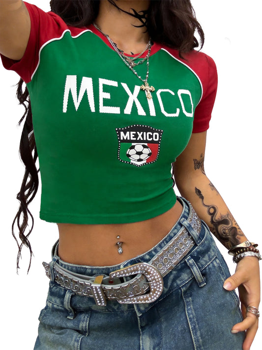 Mexico Baby Tee Y2K Aesthetic Mexico Soccer Jersey Crop Top | Retro 2000s Graphic Summer Shirt for Women & Cute Going Out Tops