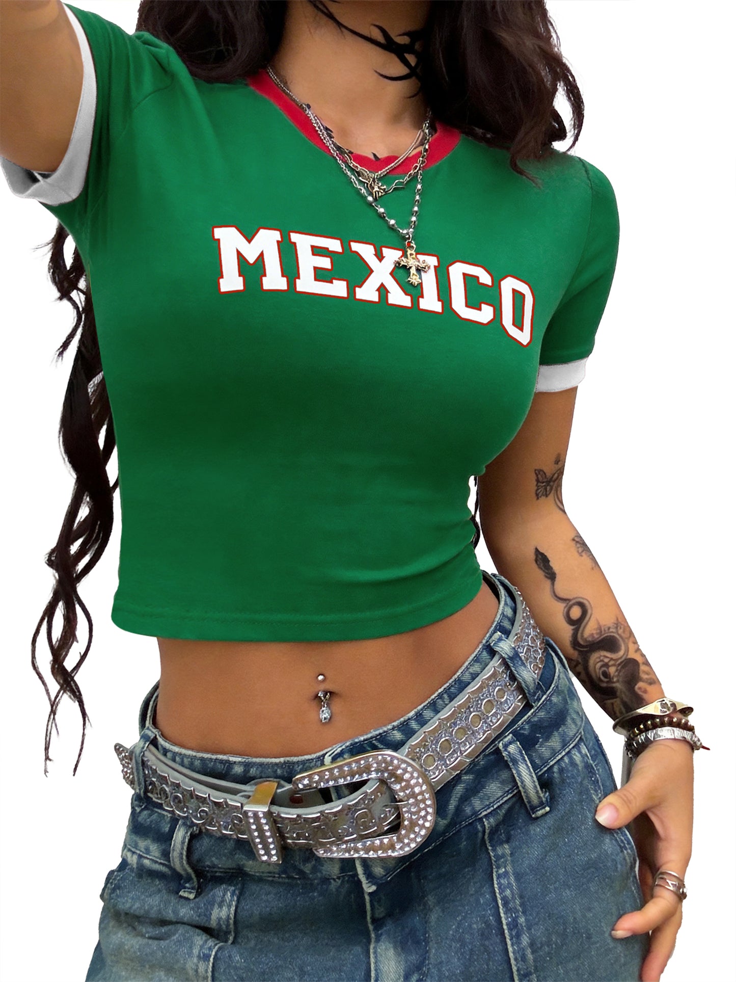 Mexico Baby Tee Y2K Aesthetic Mexico Soccer Jersey Crop Top | Retro 2000s Graphic Summer Shirt for Women & Cute Going Out Tops