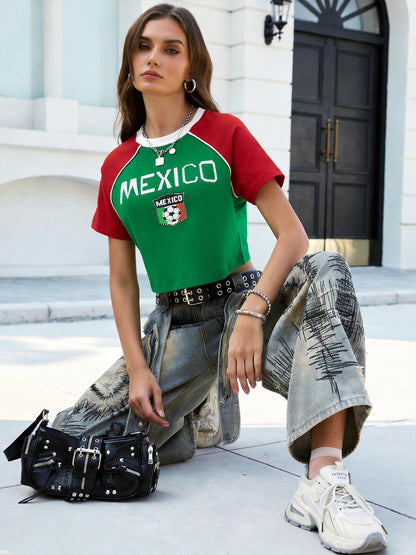 Mexico Baby Tee Y2K Aesthetic Mexico Soccer Jersey Crop Top | Retro 2000s Graphic Summer Shirt for Women & Cute Going Out Tops