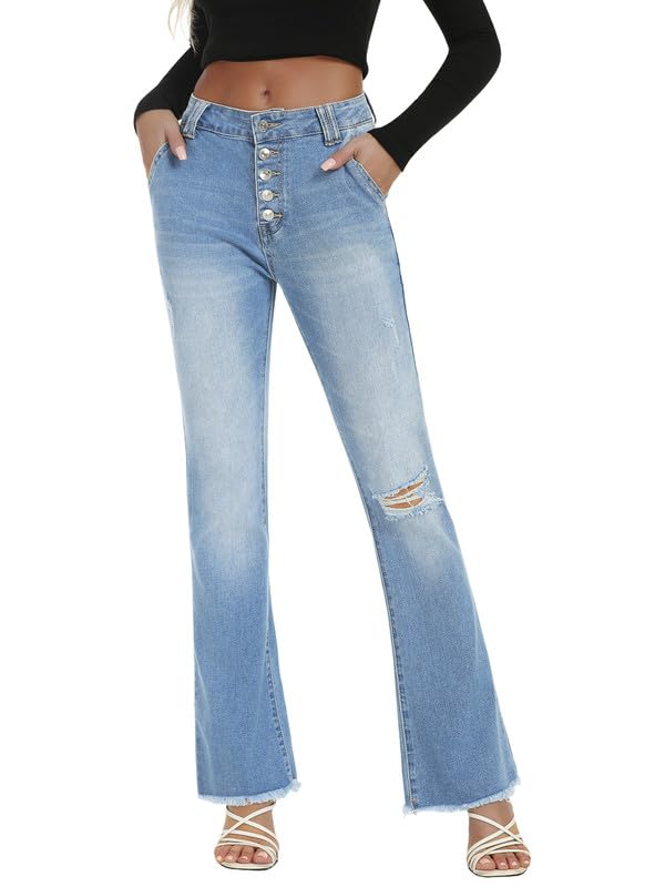 Genleck Trendy Knee Ripped Flare Jeans for Women