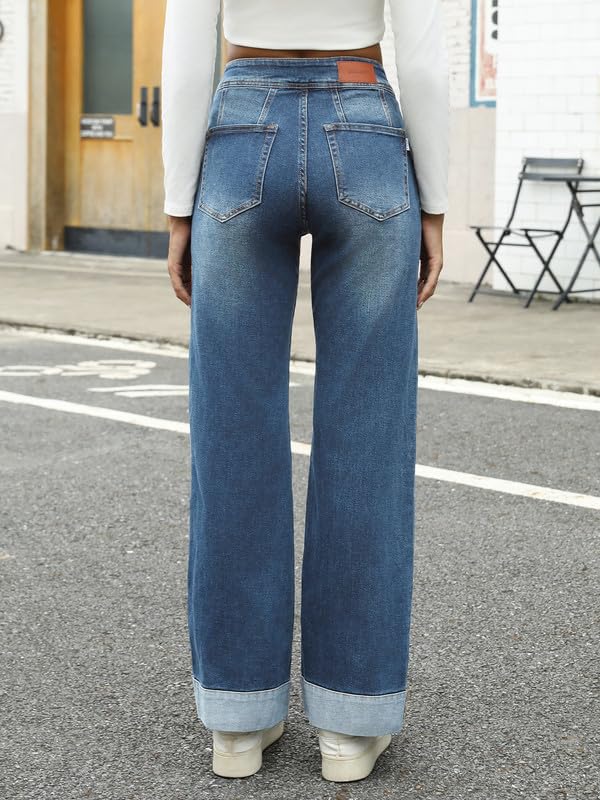 Genlck High Waisted Stretch Loose Jeans Trendy Denim Pants