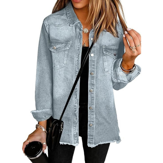 UEAL Women's Oversized Button Down Frayed Hem Denim Shacket Casual Long Sleeve Jean Jackets 2026 Spring Outfits