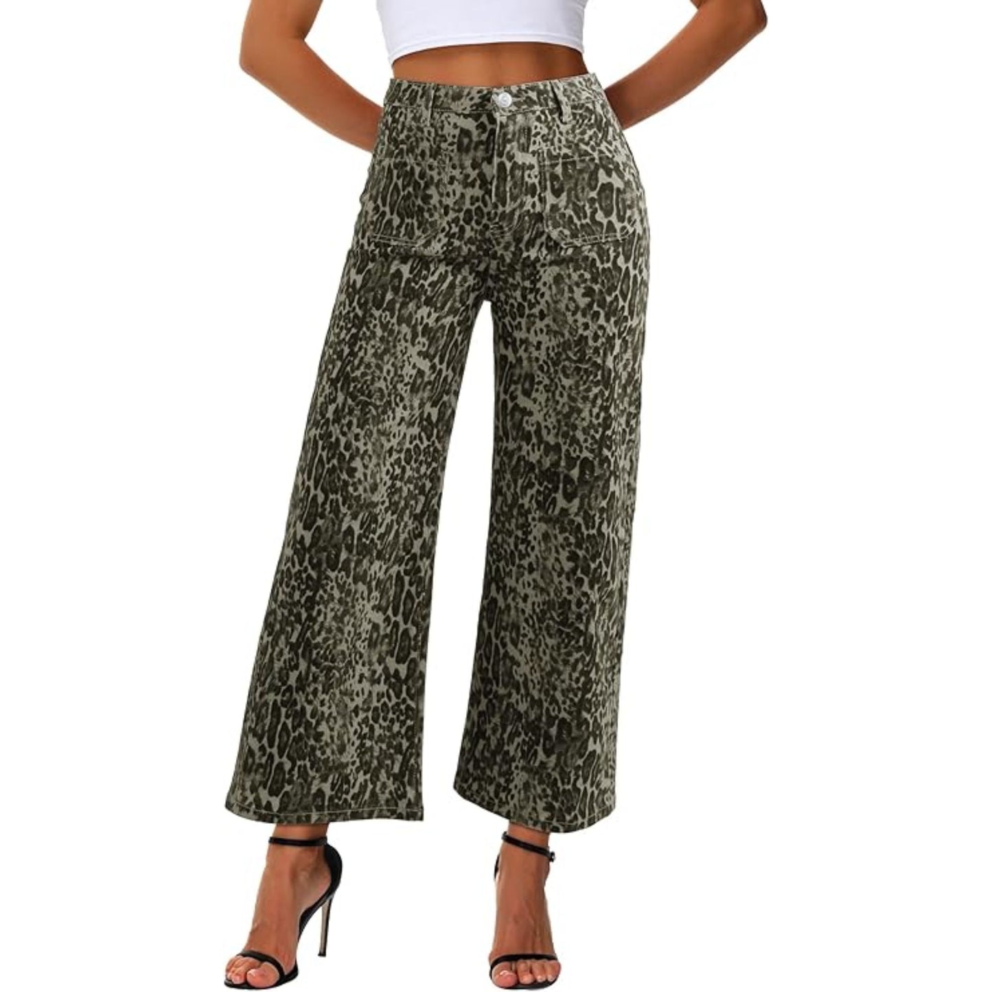 Genleck Women's Wide Leg Cropped Leopard Jeans- Midnight Blue