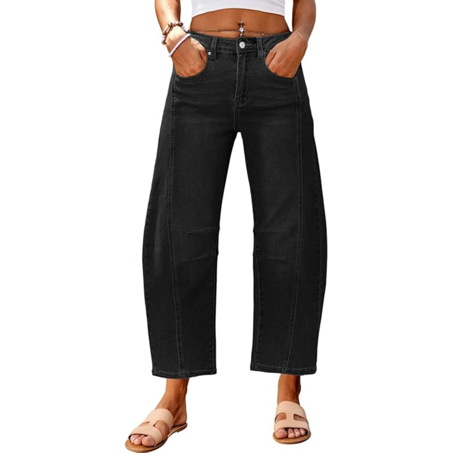 Genleck Barrel Jeans Women Wide Leg Cropped Jeans High Waisted Baggy Boyfriend Mom Denim Ankle Pants with Pockets-Black