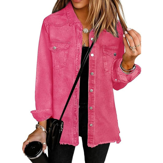 UEAL Women's Oversized Button Down Frayed Hem Denim Shacket Casual Long Sleeve Jean Jackets 2026 Spring Outfits- Magenta Pink