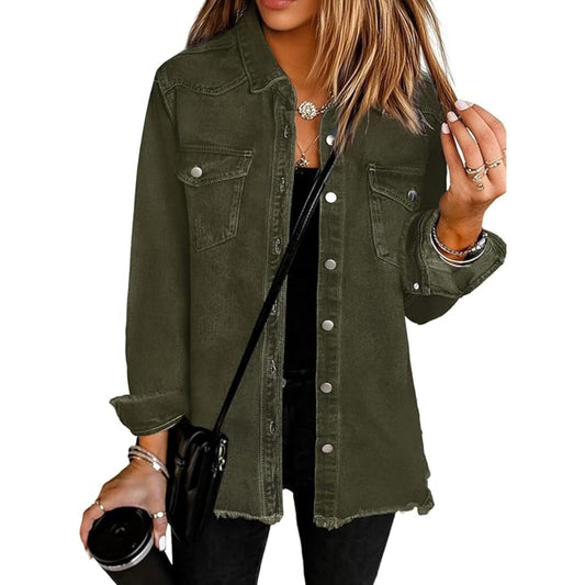 UEAL Women's Oversized Button Down Frayed Hem Denim Shacket Casual Long Sleeve Jean Jackets 2026 Spring Outfits- Elm Green
