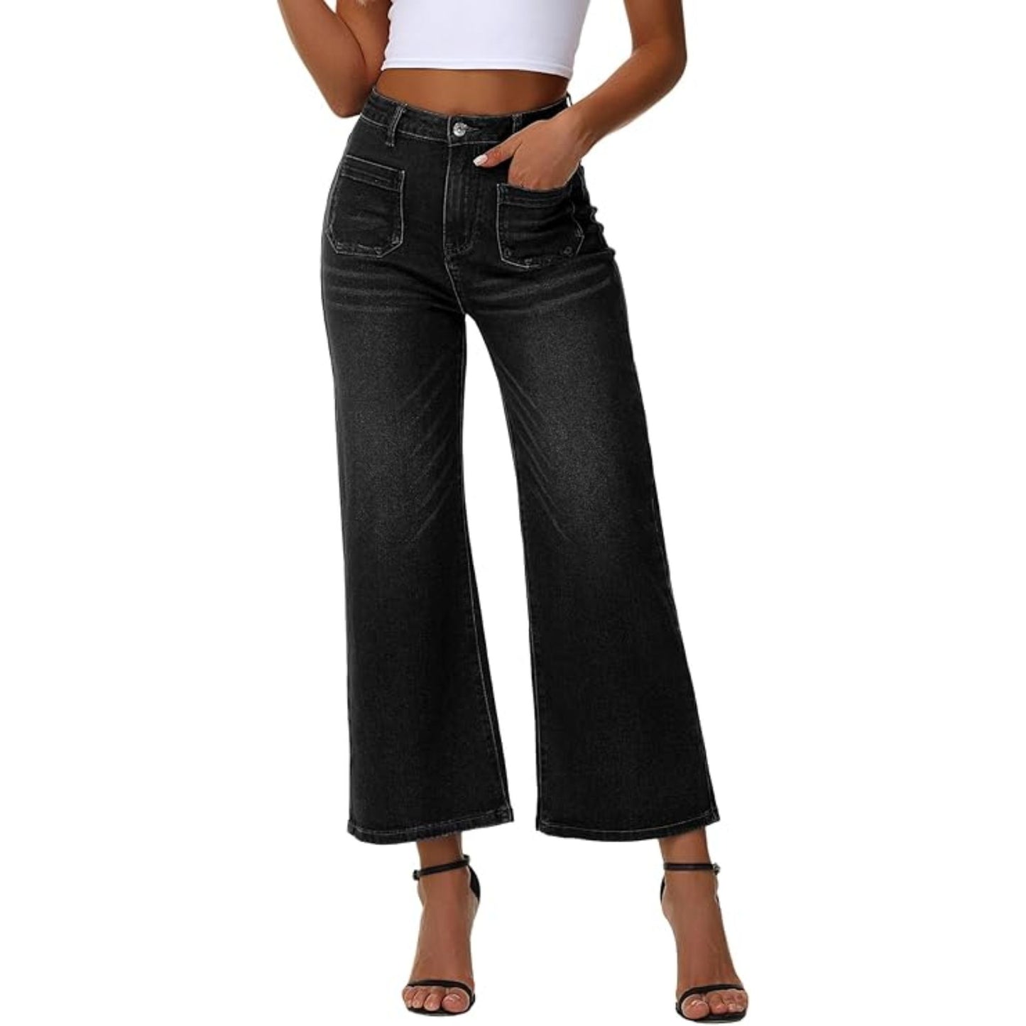 Genleck Women's Wide Leg Cropped Leopard Jeans- Midnight Blue
