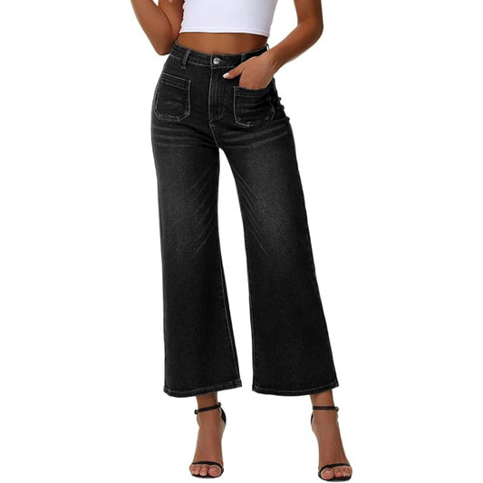 Genleck Women's Wide Leg Cropped Leopard Jeans-Black