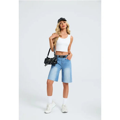 Genleck Women's Summer High Waisted Denim Bermuda Shorts - Classic Wide Leg Jorts with Subtle Raw Hem