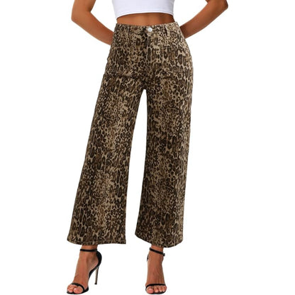 Genleck Women's Wide Leg Cropped Leopard Jeans- Midnight Blue
