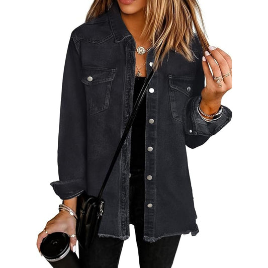 UEAL Women's Oversized Button Down Frayed Hem Denim Shacket Casual Long Sleeve Jean Jackets 2026 Spring Outfits- Black