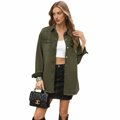 UEAL Women's Oversized Button Down Frayed Hem Denim Shacket Casual Long Sleeve Jean Jackets 2026 Spring Outfits- Elm Green