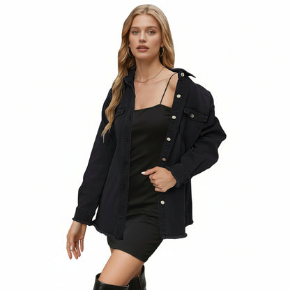UEAL Women's Oversized Button Down Frayed Hem Denim Shacket Casual Long Sleeve Jean Jackets 2026 Spring Outfits- Black