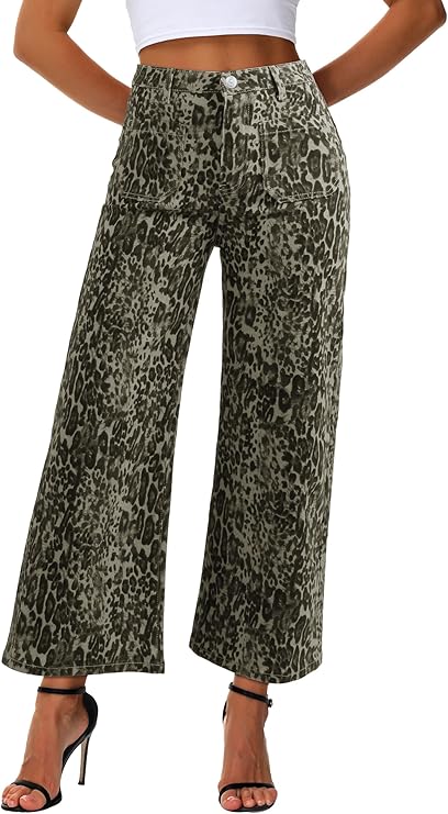 Genleck Women's Wide Leg Cropped Leopard Jeans