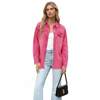 UEAL Women's Oversized Button Down Frayed Hem Denim Shacket Casual Long Sleeve Jean Jackets 2026 Spring Outfits- Magenta Pink