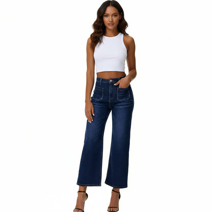 Genleck Women's Wide Leg Cropped Leopard Jeans- Midnight Blue