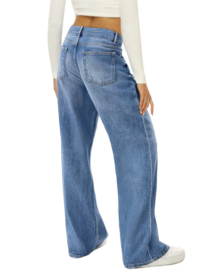 Women Wide Leg High Waist Baggy Jeans（HDLTE)