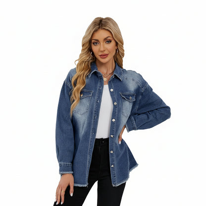 UEAL Women's Oversized Button Down Frayed Hem Denim Shacket Casual Long Sleeve Jean Jackets 2026 Spring Outfits- Nightfall Blue