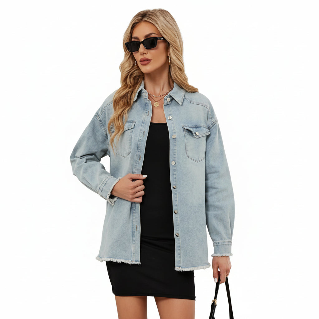 UEAL Women's Oversized Button Down Frayed Hem Denim Shacket Casual Long Sleeve Jean Jackets 2026 Spring Outfits