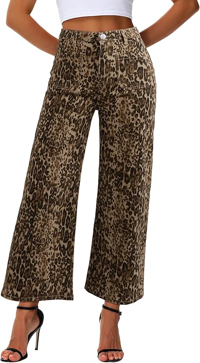 Genleck Women's Wide Leg Cropped Leopard Jeans