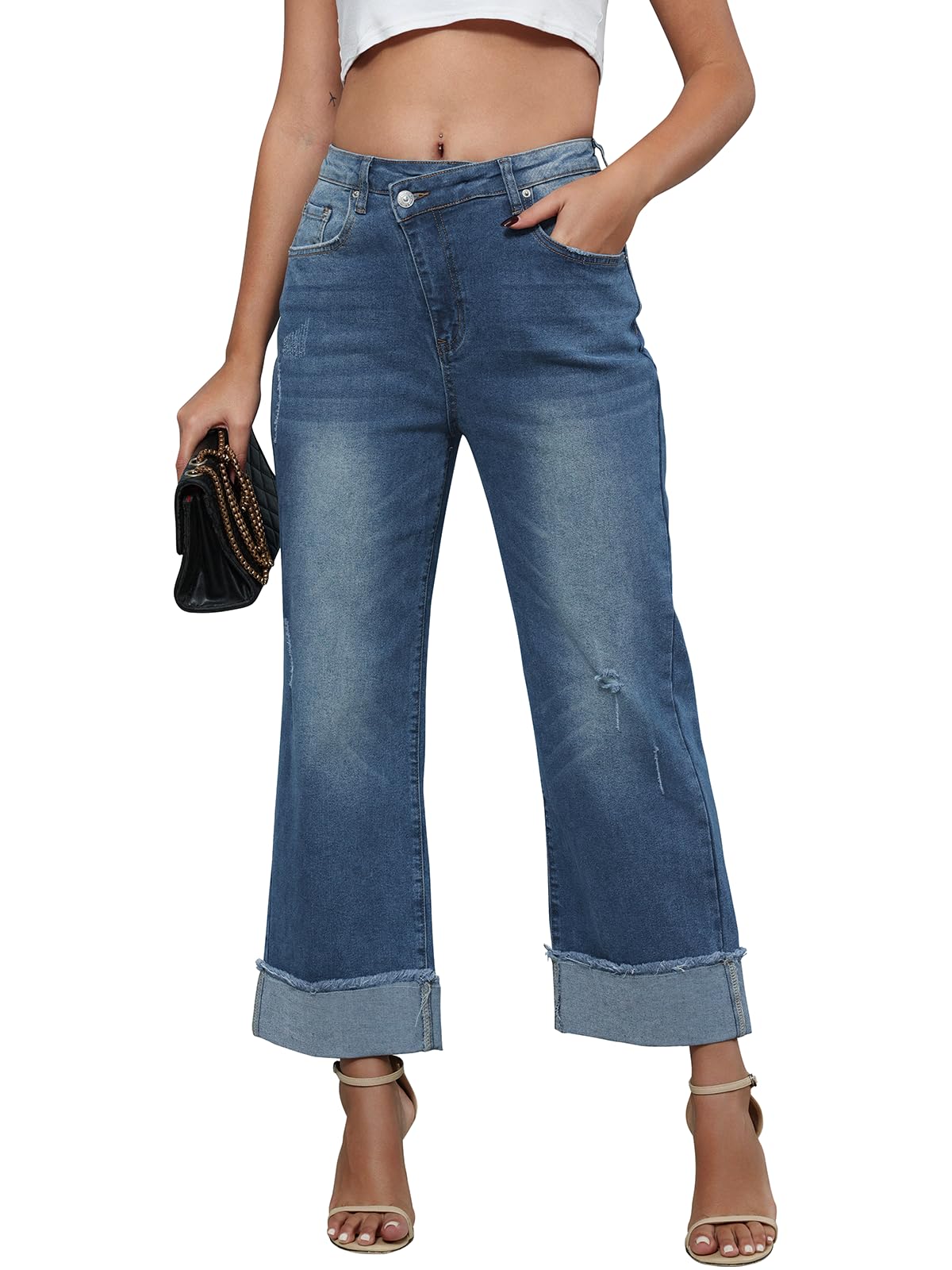 Genleck Women's Wide Leg High Waisted Jeans Crossover Baggy Jeans