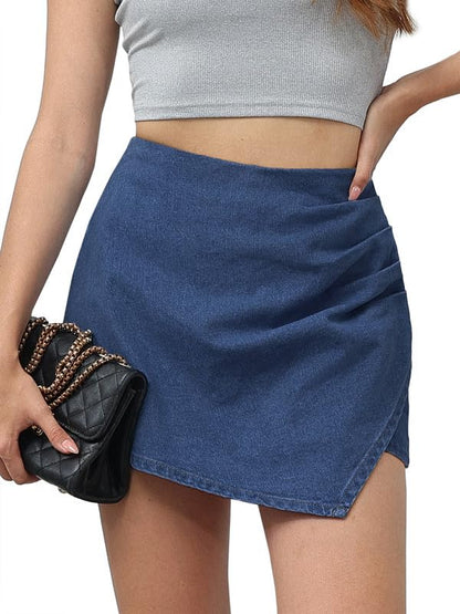 Genleck Jean Skirt with Shorts Underneath Strectch Elastic Band Mini Skirt
