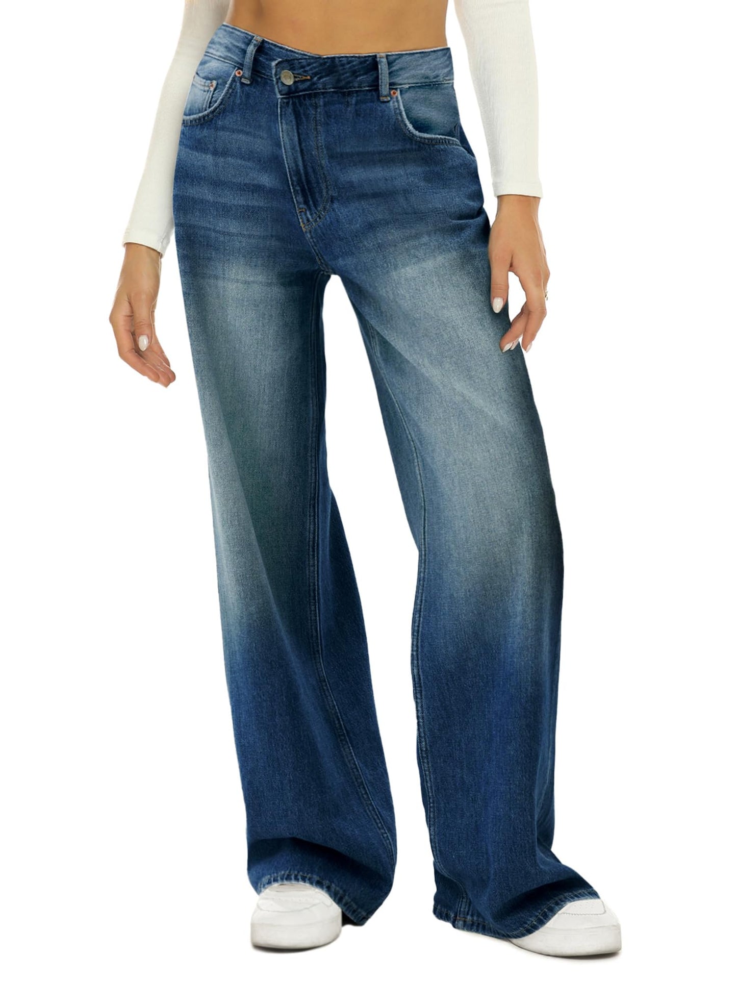 Women Crossover Wide Leg High Waist Baggy Jeans（HDLTE)