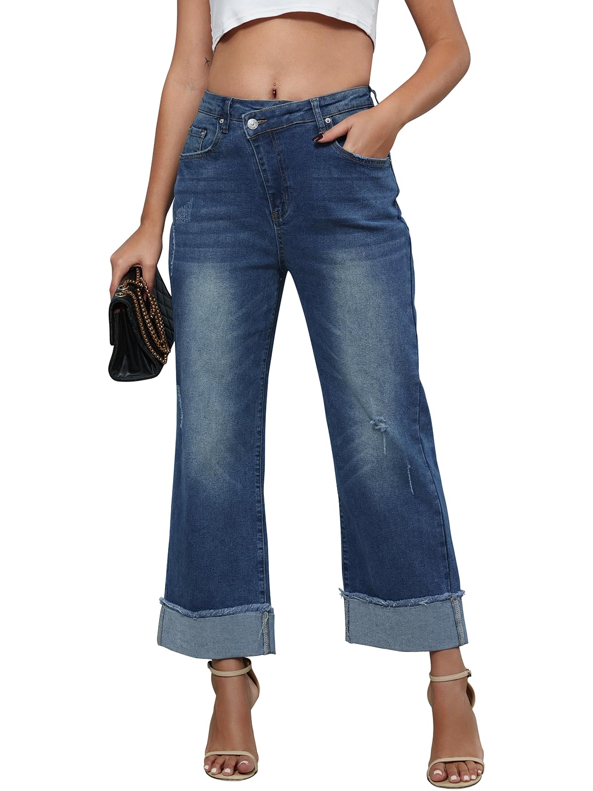 Genleck Women's Wide Leg High Waisted Jeans Crossover Baggy Jeans