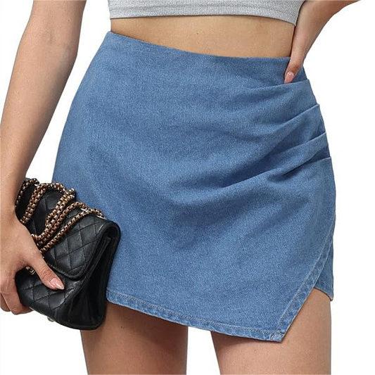 Genleck Jean Skirt with Shorts Underneath Strectch Elastic Band Mini Skirt