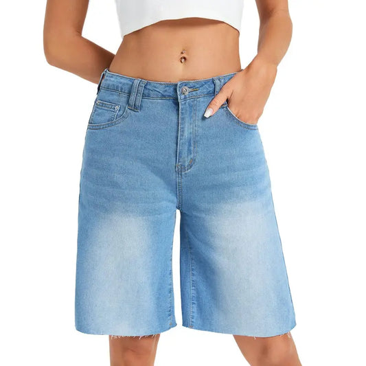Genleck Women's Summer High Waisted Denim Bermuda Shorts - Classic Wide Leg Jorts with Subtle Raw Hem
