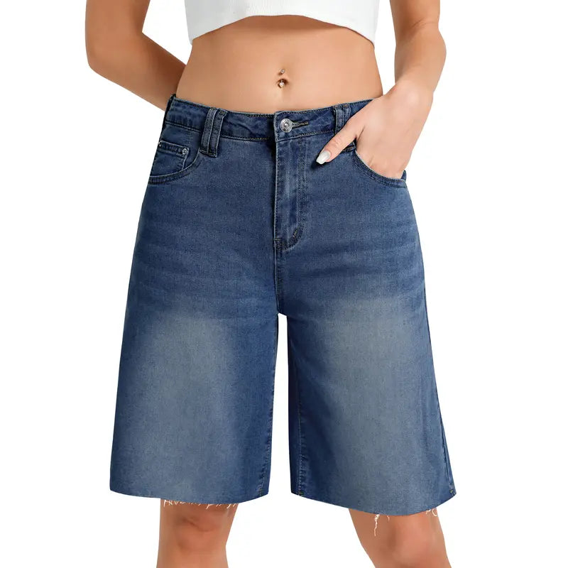 Genleck Women's Summer High Waisted Denim Bermuda Shorts - Classic Wide Leg Jorts with Subtle Raw Hem