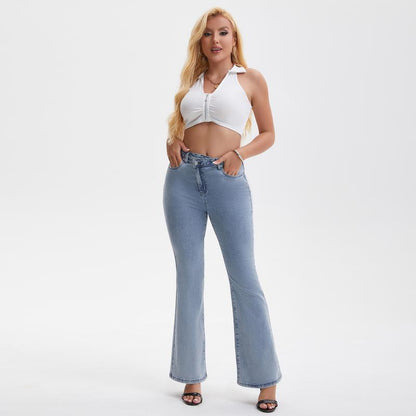Genleck Women's Crossover High-Waisted Flare Leg Jeans | Stretchy & Comfortable Denim