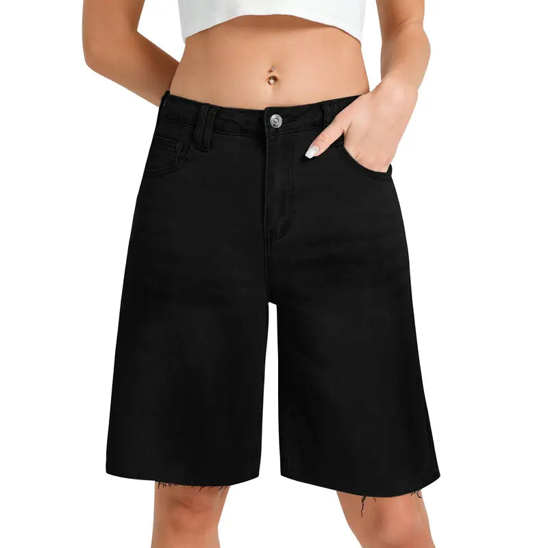 Genleck Women's Summer High Waisted Denim Bermuda Shorts - Classic Wide Leg Jorts with Subtle Raw Hem