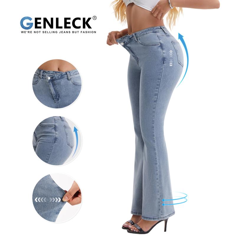 Genleck Women's Crossover High-Waisted Flare Leg Jeans | Stretchy & Comfortable Denim