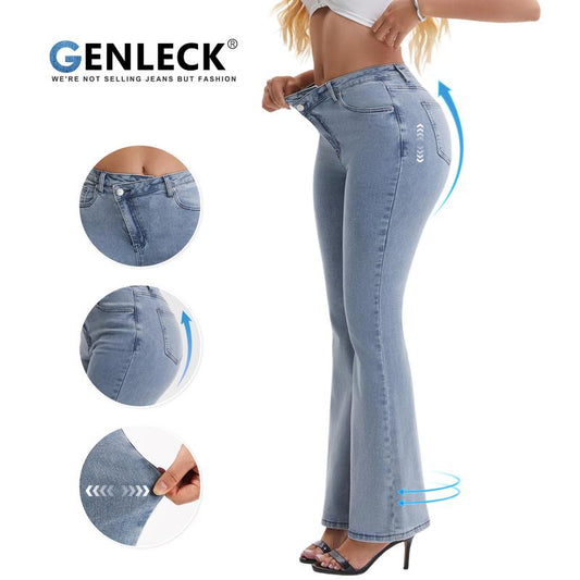Genleck Women's Crossover High-Waisted Flare Leg Jeans | Stretchy & Comfortable Denim