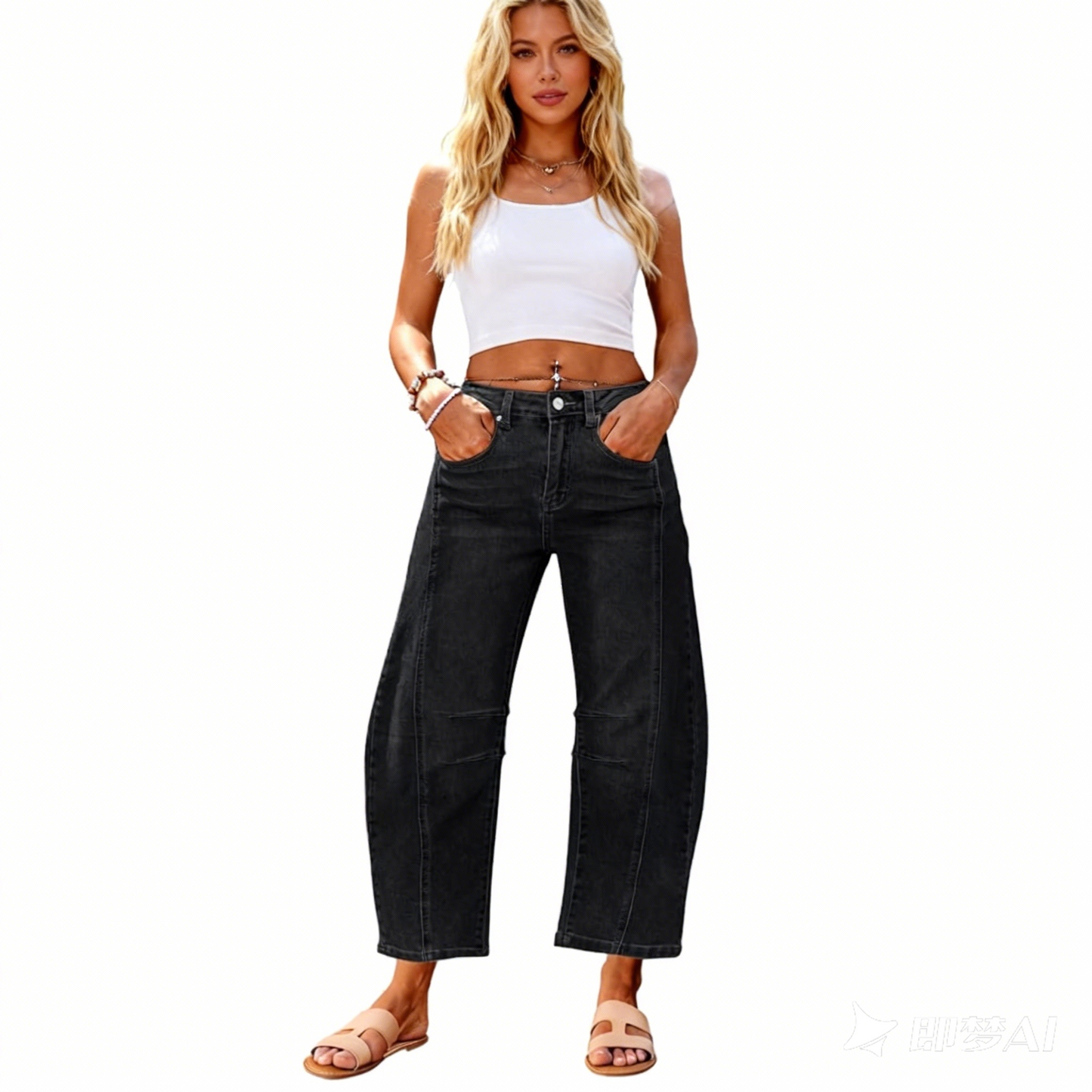 Genleck Barrel Jeans Women Wide Leg Cropped Jeans High Waisted Baggy Boyfriend Mom Denim Ankle Pants with Pockets-Black